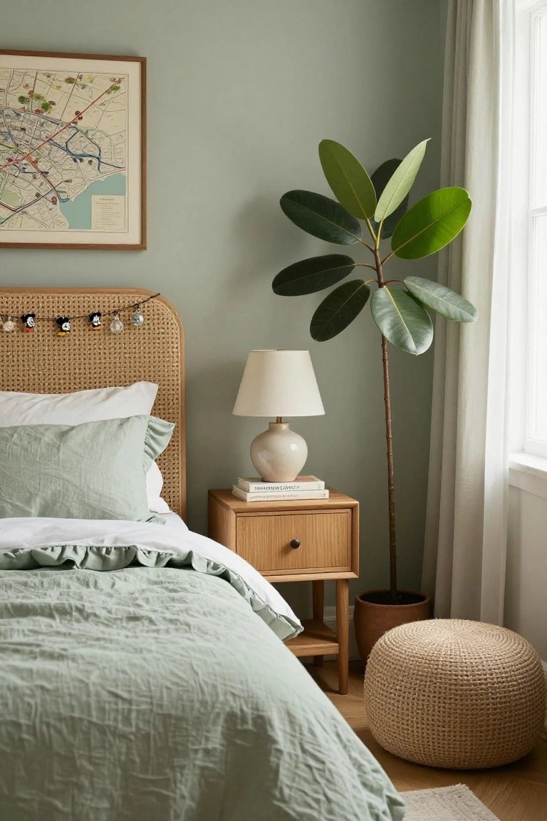 A bedroom corner with sage green walls, rattan headboard strung with Mickey Mouse Disney ornaments and glass beads, white and green ruffled bedding, wooden nightstand with ceramic lamp and books, tall potted plant in terracotta pot, and woven pouf stool on wood floor.