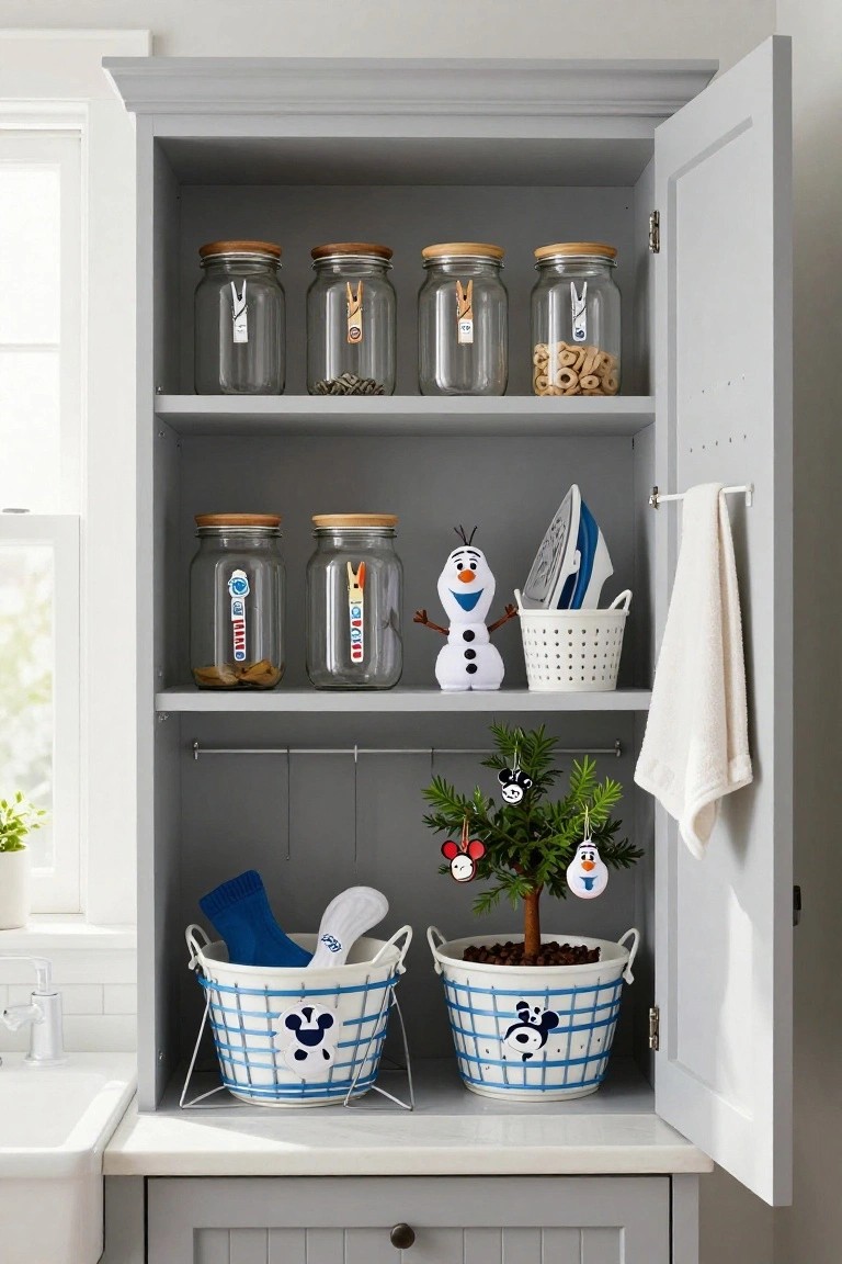 Open gray kitchen cabinet door revealing glass jars with wooden lids labeled with Disney characters like Olaf, containing pasta, nuts, clips, and cereal, plus Olaf plushie, iron, baskets, small Christmas tree with ornaments, and laundry items on shelves.