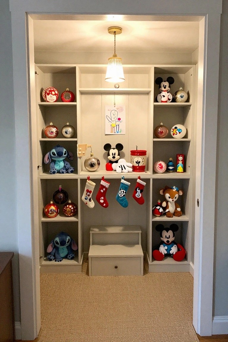 A white built-in closet with open shelves displaying Disney Christmas ornaments, plush toys including Stitch and Mickey Mouse, hanging stockings, and glass baubles under pendant lights.