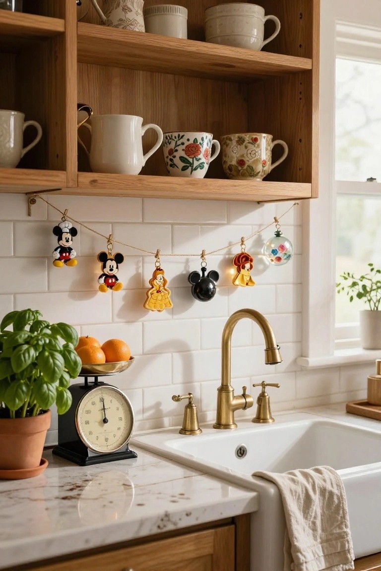 Kitchen sink area featuring white subway tile backsplash, gold faucet, wooden cabinets, potted basil plant with oranges on a black scale, and a garland of small Disney character ornaments hanging from gold chains.