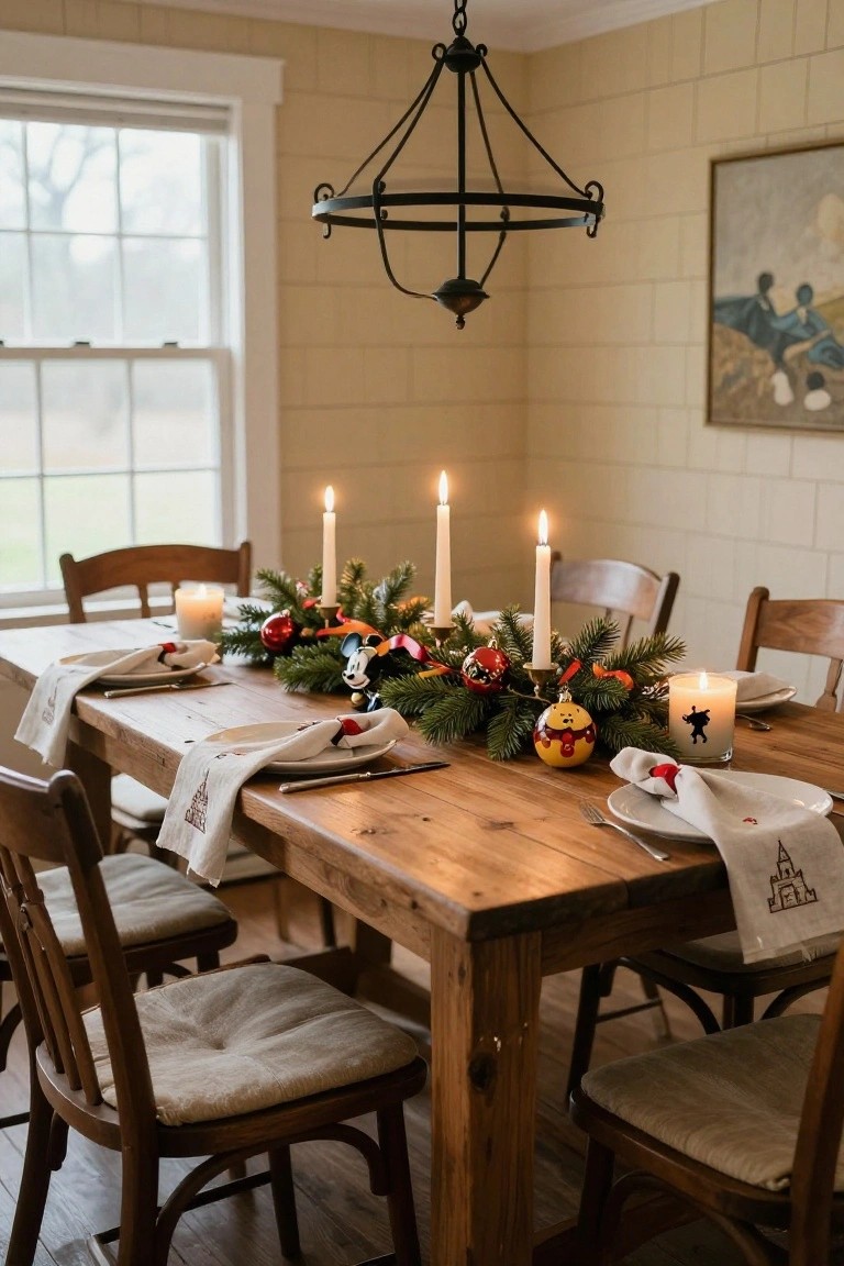 Wooden dining table decorated for Christmas with Disney ornaments, fir branches, candles, and red-accented napkins on plates, surrounded by chairs in a beige-tiled room with a chandelier overhead.