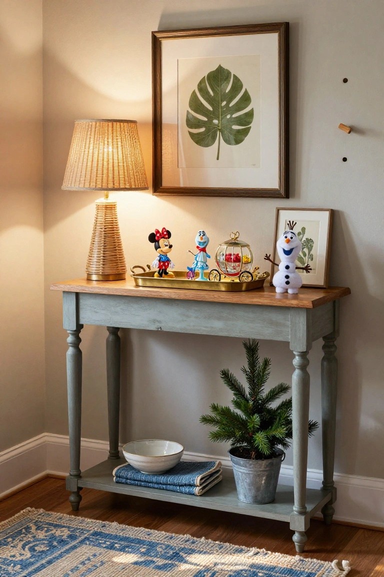 Console table in a beige room corner with rattan lamp, brass tray holding Disney Cinderella carriage ornament and figurines of Minnie Mouse and Olaf snowman, small Christmas tree in metal bucket below, leaf print artwork on wall.