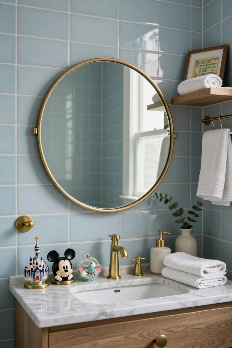 Bathroom vanity with white marble countertop holding gold-based Disney ornaments including a blue Cinderella castle snow globe, black Mickey Mouse figure, and pink Dumbo glass dome next to a gold faucet and sink, against light blue subway tile walls and a large round gold mirror.