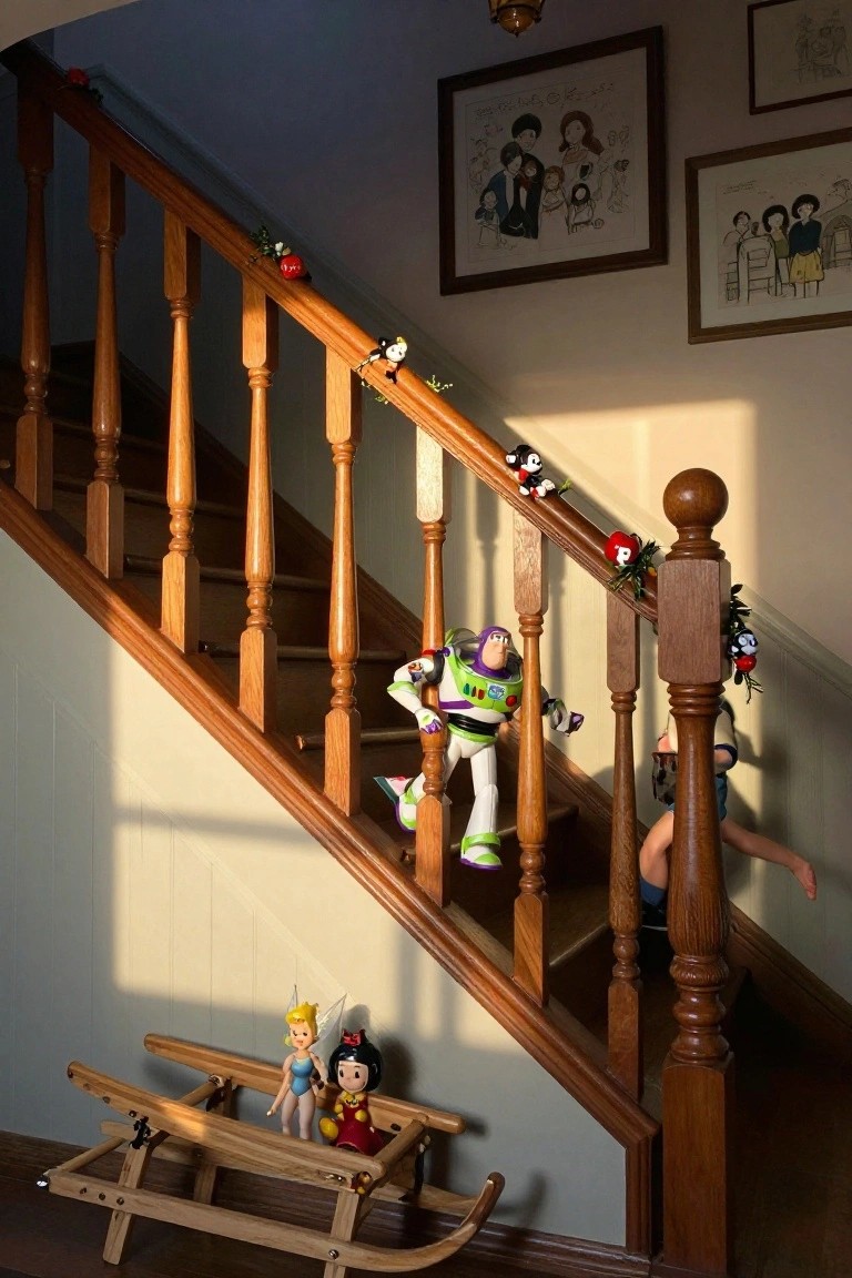 Wooden staircase railing decorated with Christmas garlands, red ornaments, and plush Disney characters including Buzz Lightyear, with framed drawings on the walls and a wooden sled holding Tinkerbell and Snow White dolls at the bottom.