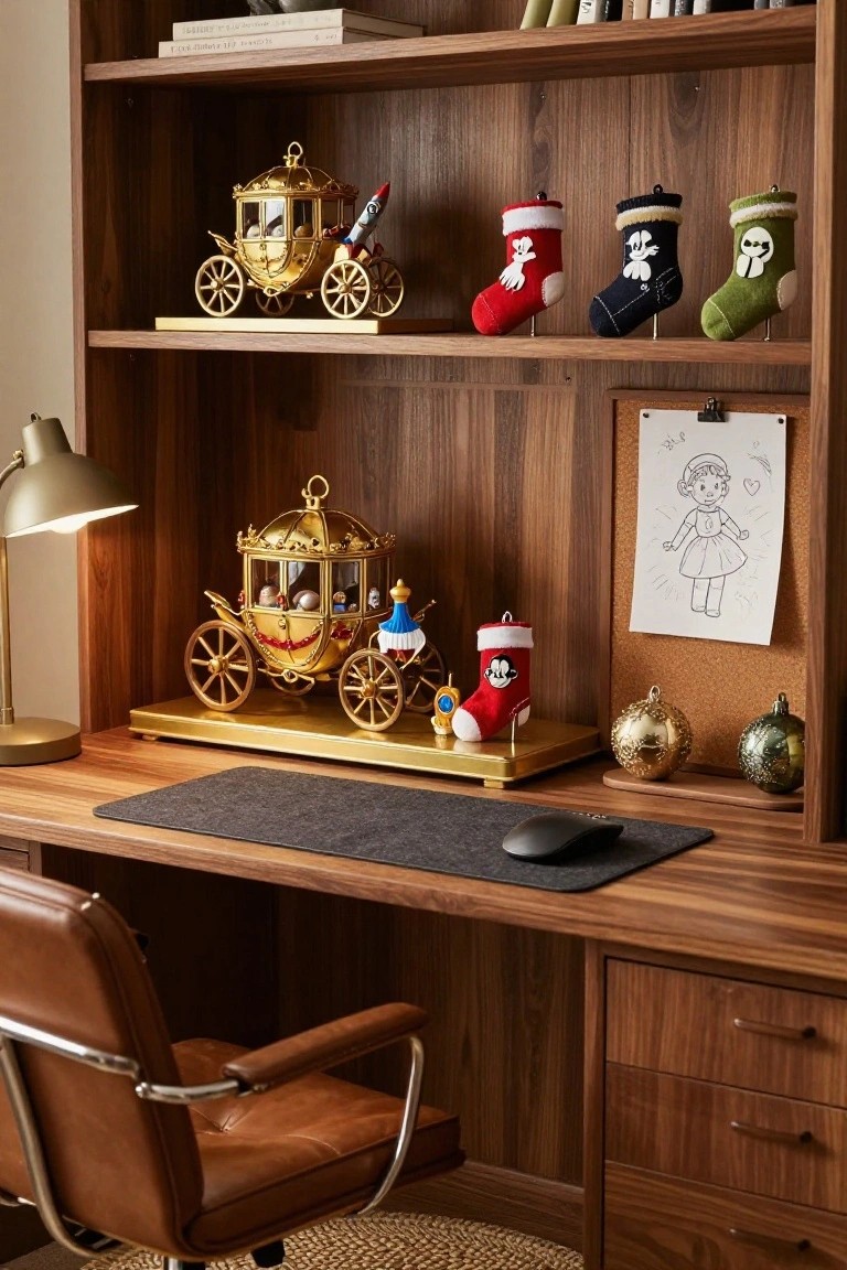 Wooden bookshelves and desk in a home office decorated with Disney-themed Christmas stockings in red, navy, and green hanging from shelf edges, a golden Cinderella carriage ornament on a base, and other holiday items like ornaments and a drawing.