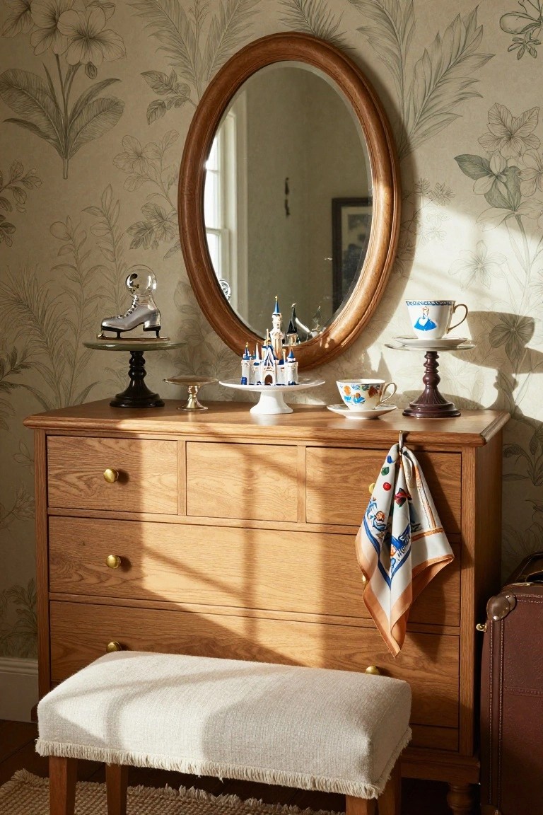 Wooden dresser in a room with beige floral wallpaper, topped with pedestals and cake stands holding Disney Christmas ornaments including blue castle figures, Alice in Wonderland teacup and saucer, and a glass ice skate, beside an oval mirror and stool.