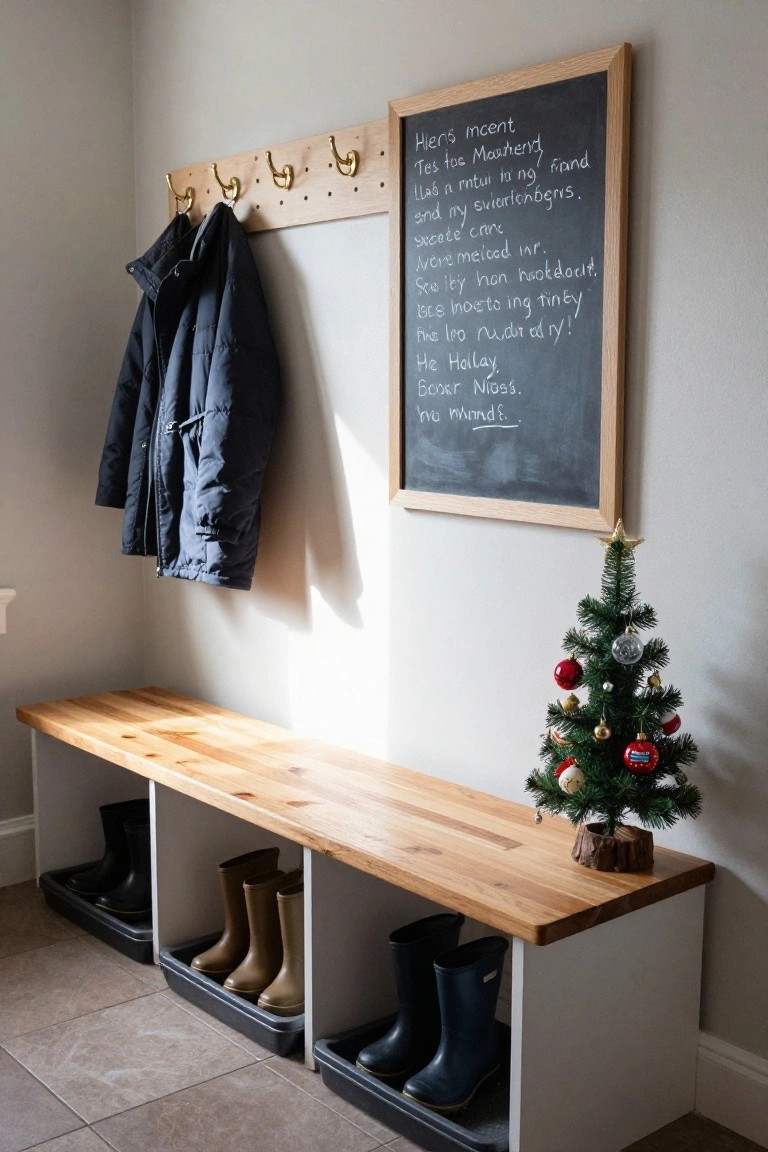 Wooden entryway bench with cubbies holding boots and shoes, coat hooks with jackets, chalkboard on wall with handwritten notes in Norwegian, and small decorated Christmas tree beside the bench.