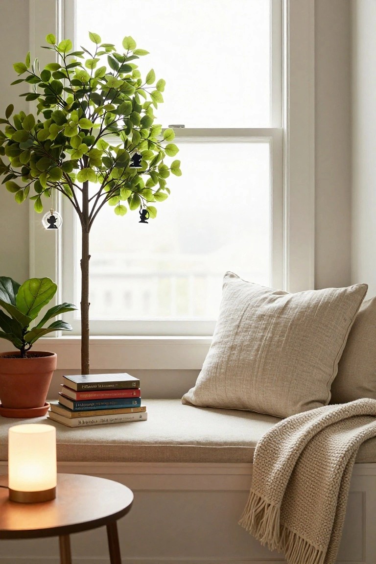 Tall faux tree with green leaves and hanging glass ornaments containing black silhouette figures next to a window seat with beige pillows, knitted throw, stacked books, potted plant, and small lamp on a side table in a light-filled room.
