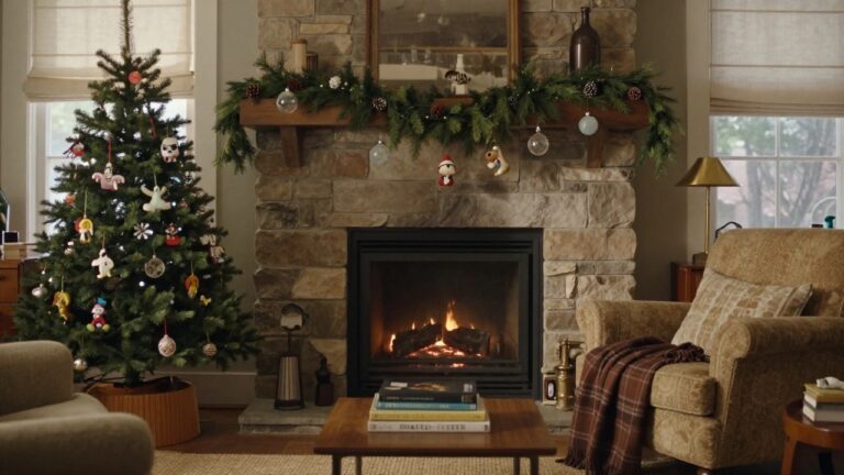Living room with stone fireplace and wood mantel decorated by pine garland, hanging Disney character ornaments, pinecones, and glass balls, next to a beige armchair with plaid throw blanket and wood coffee table.