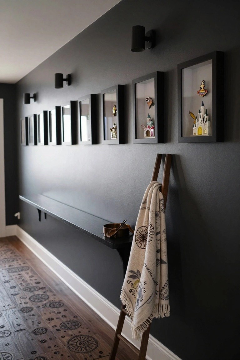Dark gray hallway walls lined with black shadow box frames displaying colorful Disney miniatures like castles and characters, wall-mounted black sconces, a floating wooden shelf with a brass bowl, and a wooden ladder draped with a patterned towel over patterned wood flooring.