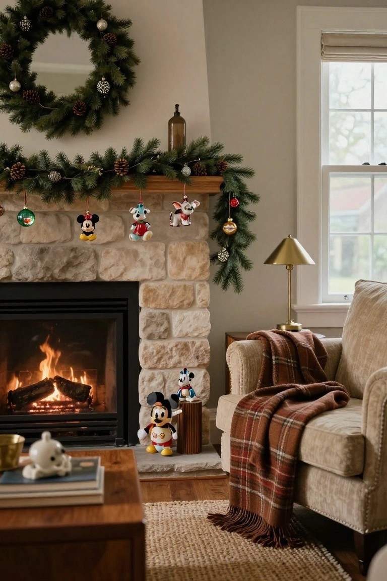 Living room with stone fireplace and wood mantel decorated by pine garland, hanging Disney character ornaments, pinecones, and glass balls, next to a beige armchair with plaid throw blanket and wood coffee table.