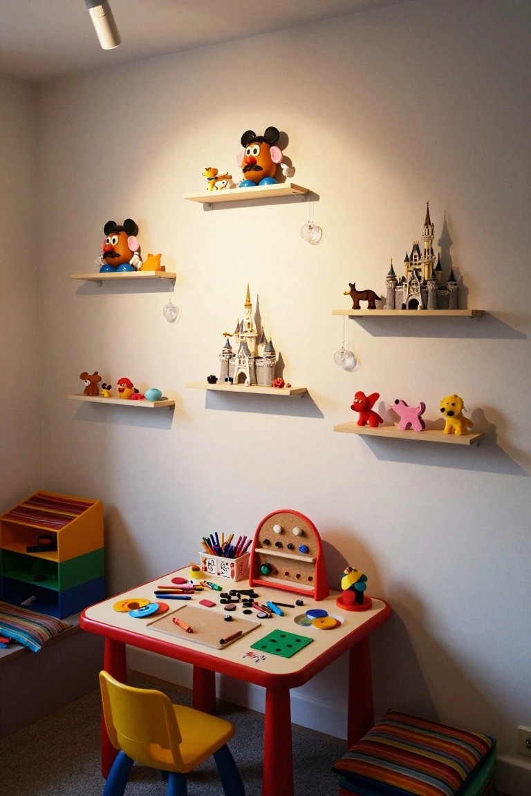 Children's playroom with multiple wooden floating shelves on a white wall displaying colorful Disney-themed wooden figures including Mickey Mouse, a castle model, and animal toys, above a red kids' table with art supplies and an empty yellow chair.