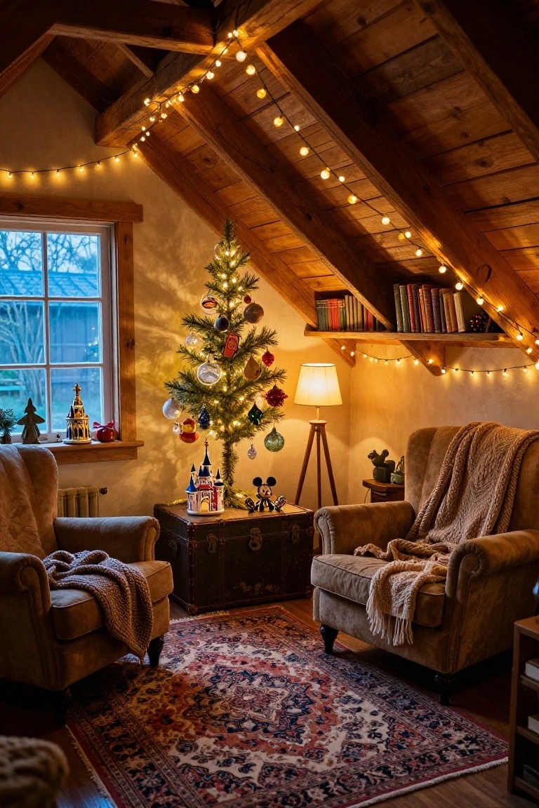 Cozy attic interior with wooden beamed ceiling, small lit Christmas tree decorated with Disney ornaments including Mickey Mouse and Cinderella's castle, two armchairs with knitted blankets on a patterned rug, string lights, lamp, bookshelves, and small decorations.