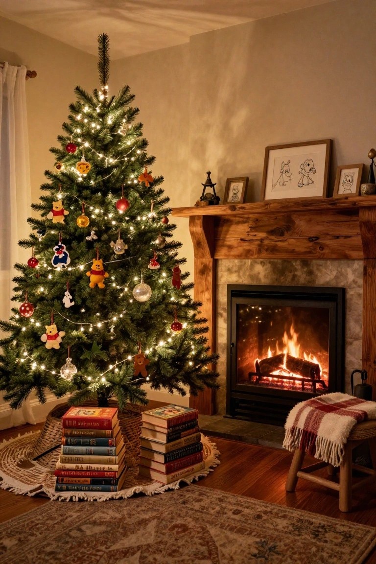 A lit Christmas tree decorated with various Winnie the Pooh character plush ornaments next to a stone fireplace in a living room with stacked books on the floor and a plaid blanket on a wooden stool.