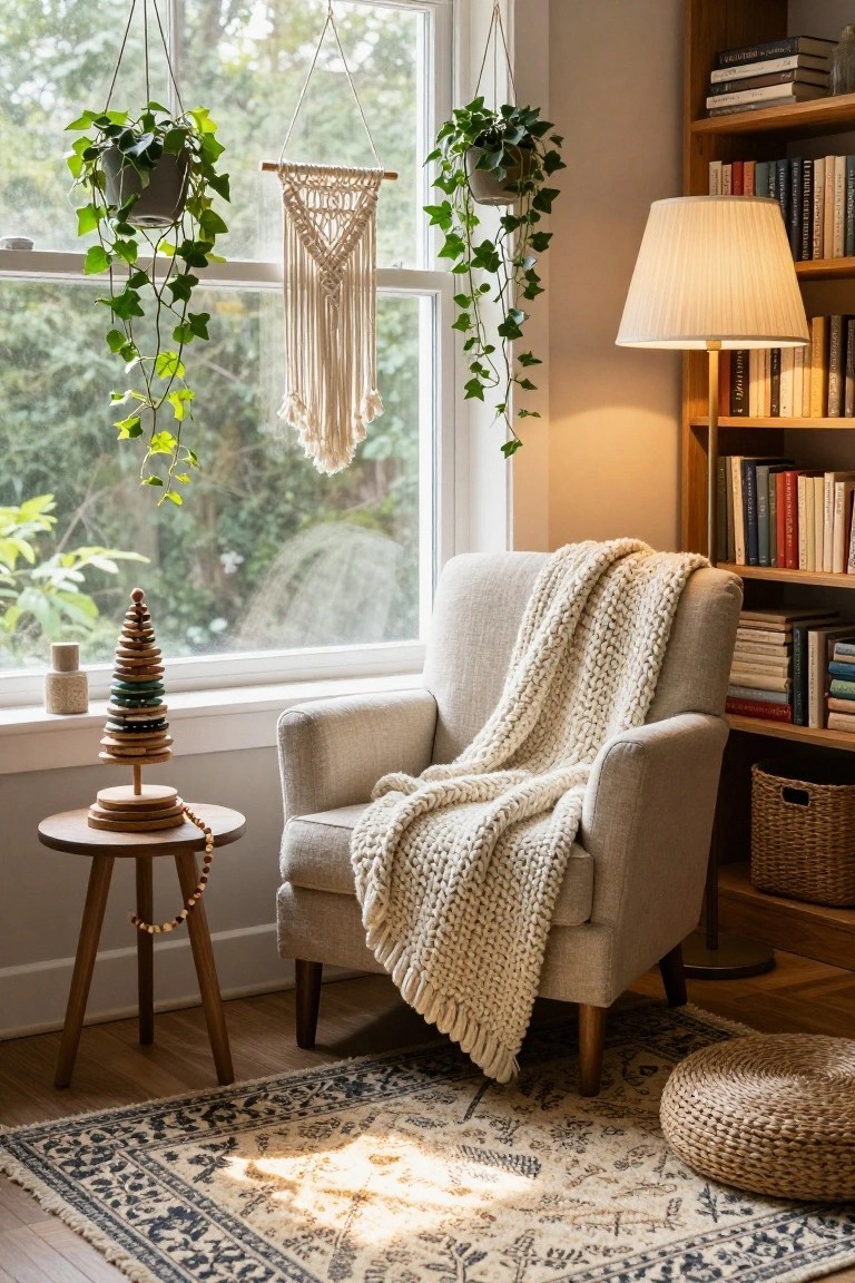 Sunlit interior room with a beige armchair draped in a white knit blanket, wooden stacked Christmas tree ornament on a round side table, hanging ivy plants, macrame wall hanging near a large window, bookshelves, table lamp, woven pouf, and patterned rug.