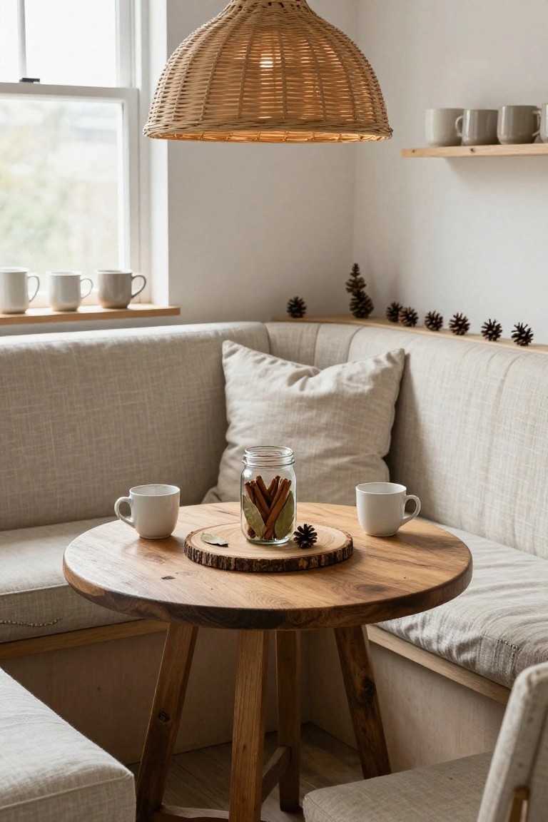 Corner booth seating area with beige cushions around a round wooden table holding two white mugs and a mason jar of cinnamon sticks and bay leaves on a wooden board, pinecone accents on shelves, neutral mugs above, and a woven pendant light overhead.