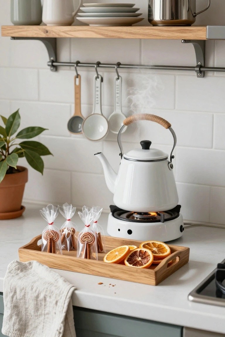Kitchen counter displaying a wooden tray with dried orange slices and several clear bags of wrapped gingerbread cookies topped with cinnamon sticks and red ribbons, beside a white enamel kettle on a gas burner.