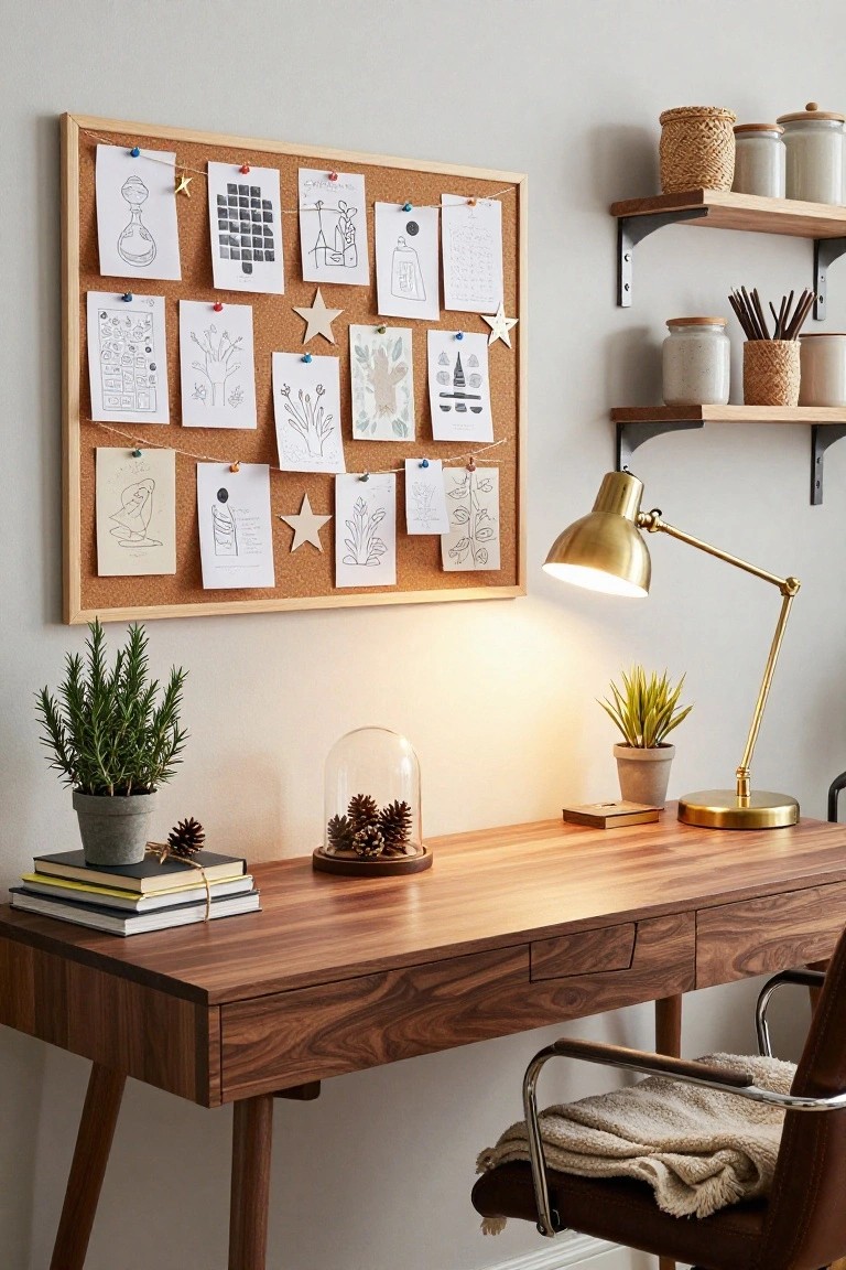Wooden-framed corkboard on a light wall above a walnut desk, pinned with drawings, notes, and stars, beside shelves with jars, plants, gold desk lamp, pinecone dome, and chair with throw.