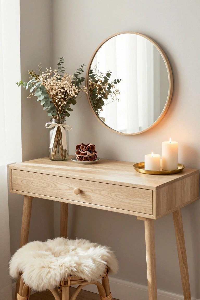 Light wood mid-century style vanity desk in room corner with round wood-framed mirror above, glass jar of dried eucalyptus and baby's breath tied with white ribbon, ruffled maroon fabric item on white plate, two white pillar candles on gold tray, white fur pouf on rattan stool underneath.