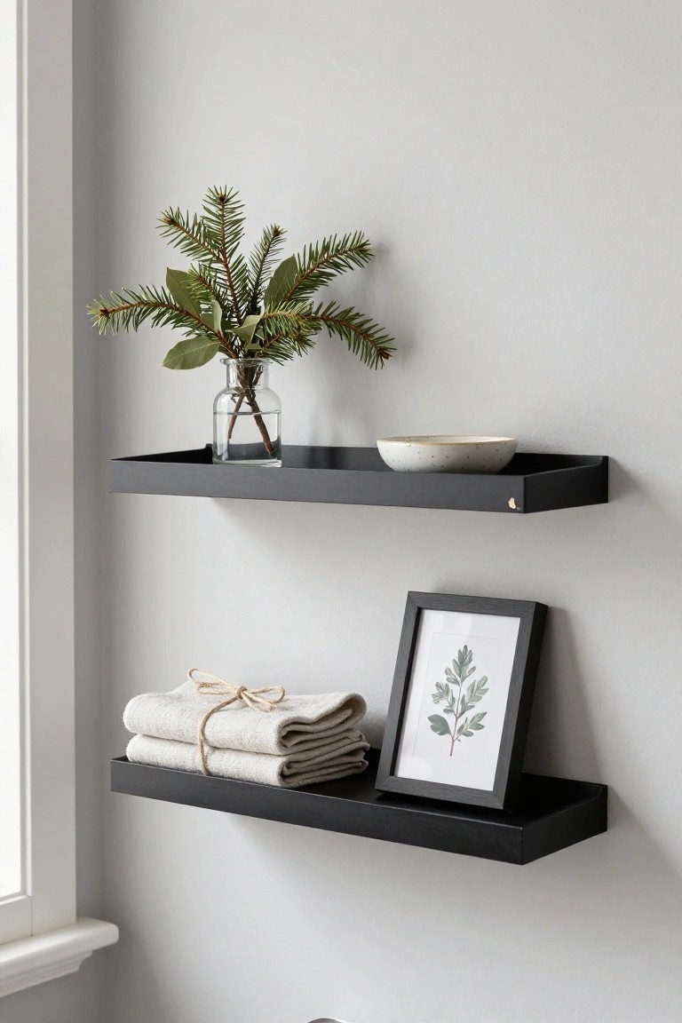 Two black floating shelves mounted on a light gray wall near a window, upper shelf with a glass vase of fir branches and laurel leaves plus a white speckled bowl, lower shelf with two folded white linen towels tied with twine and a black-framed print of green leaves.