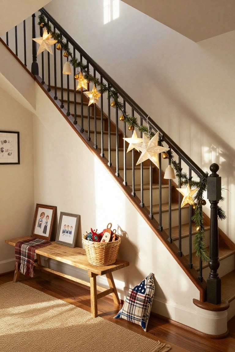 Sunlit indoor staircase railing wrapped in evergreen garland with gold bells and large lighted paper stars, wooden bench with plaid blanket and basket nearby, family photos on wall.