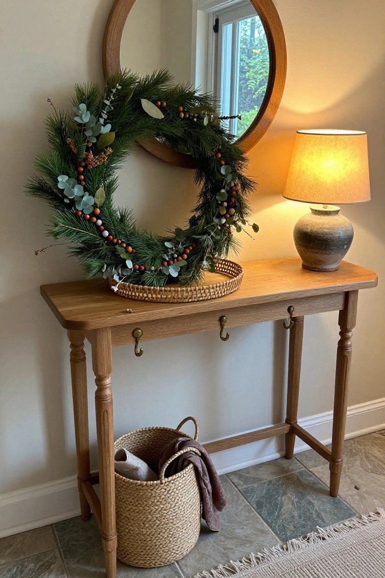 Round wood-framed mirror on a beige wall above an oak console table with brass hooks, decorated with an evergreen wreath of pine, eucalyptus, berries, and pinecones; table holds a ceramic lamp, woven tray, and vase, with a seagrass basket and towels on the slate tile floor.