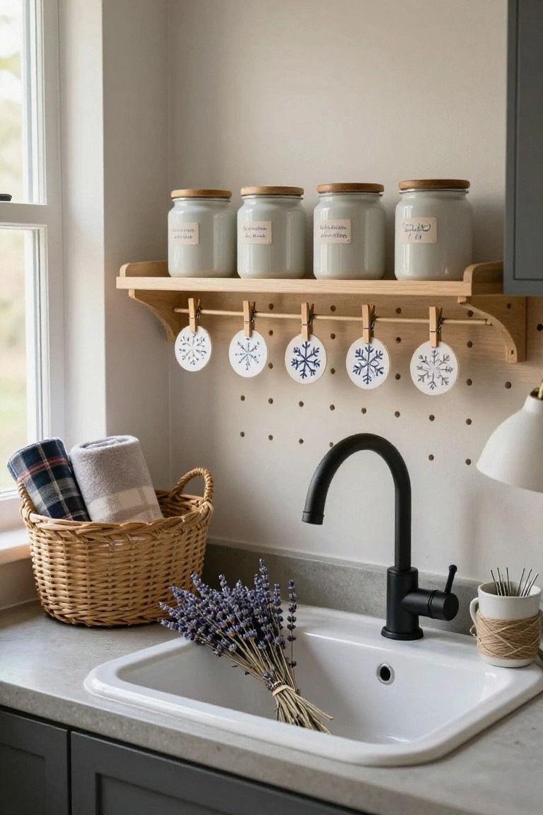 Kitchen counter with white sink, black faucet, bouquet of lavender in sink, basket of plaid and gray towels, wooden shelf holding labeled white jars and wooden bowls, snowflake ornaments clipped to peg rail on beige wall.