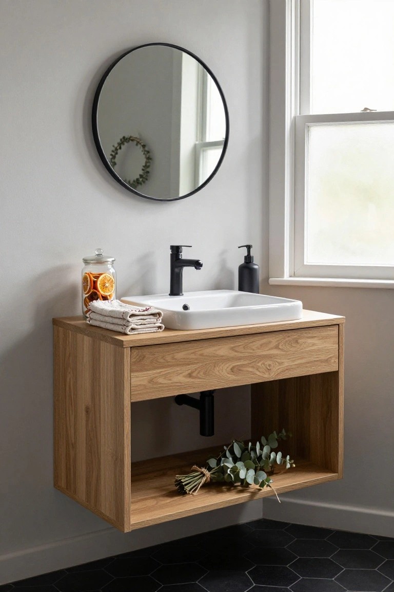 Light wood floating vanity with white rectangular sink, black faucet, soap dispenser, and folded white towels on top; glass jar of dried orange slices beside it; round black mirror with greenery wreath above; eucalyptus branches and bundle of twigs on open shelf below; window and black hexagonal floor tiles visible.