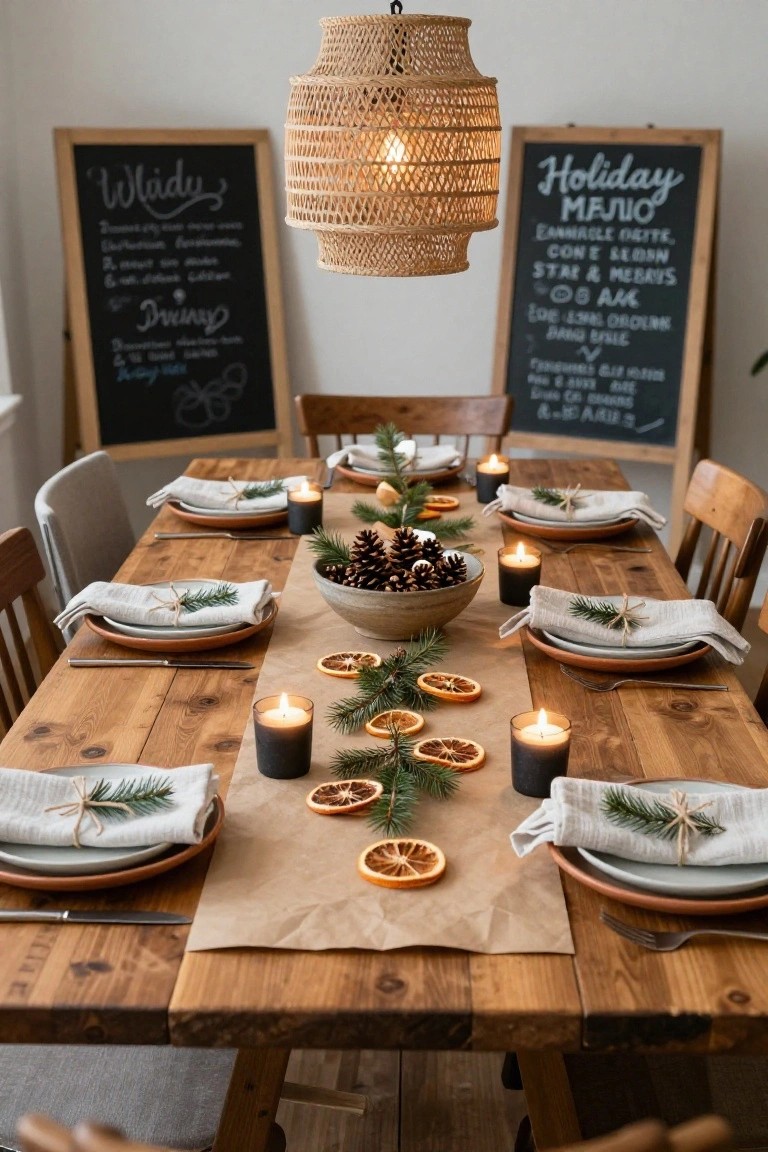 Wooden dining table set for a holiday meal with linen napkins tied with pine sprigs, black pillar candles, dried orange slices, a bowl of pinecones, terracotta plates, and chalkboard menus on the walls under a rattan pendant light.