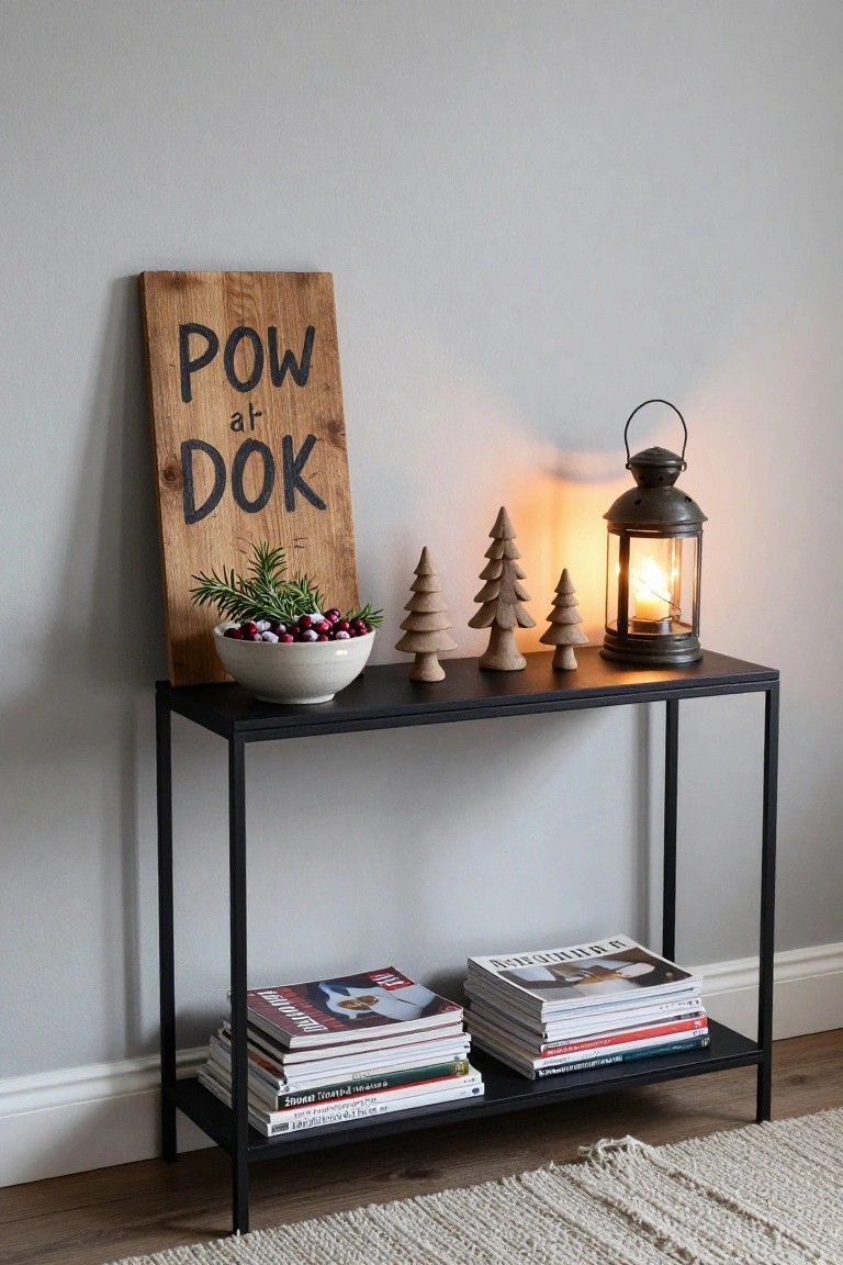 Black metal console table against light gray wall with leaning wooden sign reading