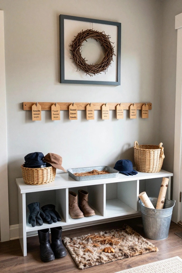 White entryway bench with cubbies storing boots, gloves, and baskets of hats, wooden rail above with labeled tags, wicker baskets on bench, metal tray with twigs, tall boots on floor, and grapevine wreath in white frame on wall.