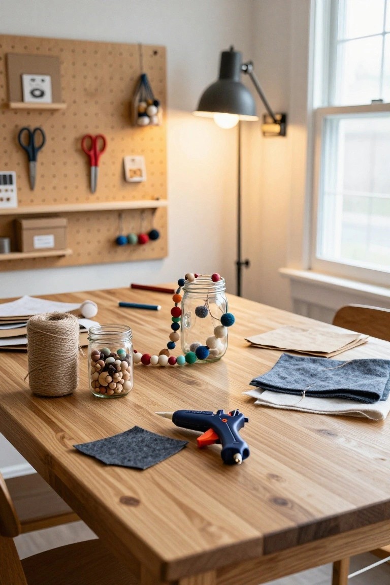 Wooden craft table holding jars of colorful wooden beads and pom poms, twine spool, blue glue gun, gray felt square, and fabric scraps, with pegboard wall tools and supplies nearby in a light-filled room.