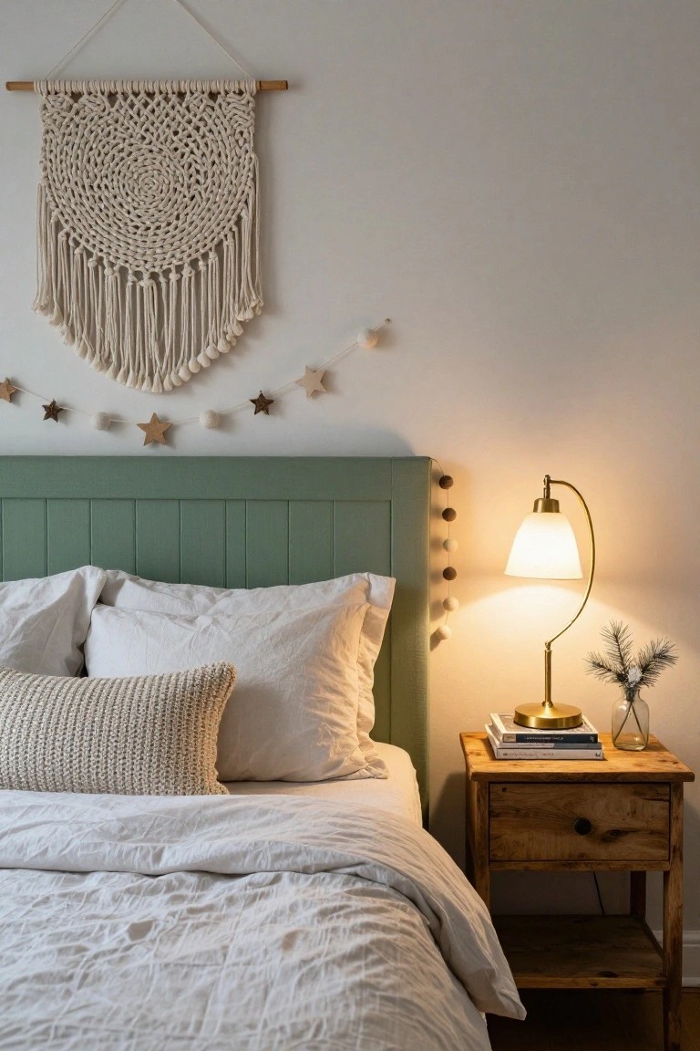 Bedroom interior featuring a sage green paneled headboard, white linens on the bed, wooden nightstand with brass lamp and stacked books, macrame wall hanging, and garlands of wooden stars, pom poms, and beads draped along the wall.