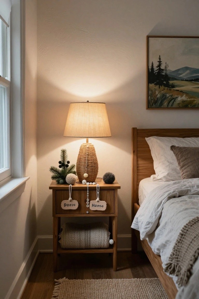 Wooden nightstand in a bedroom corner decorated with small pine branches, wool pom-poms, beads, and labels reading 