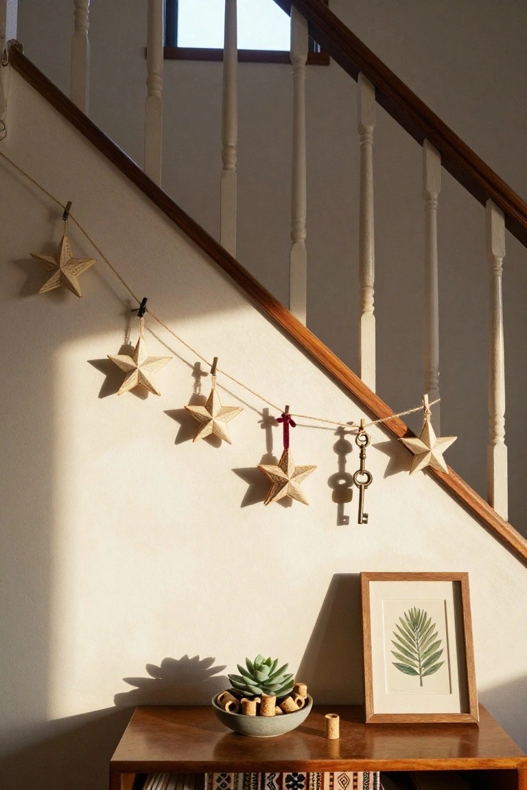 Wooden staircase railing with a garland of beige folded paper star ornaments strung on twine and secured by clothespins along the adjacent white wall, a wooden table at the bottom holding a potted succulent in a bowl of corks, a framed green leaf print, and stacked books.