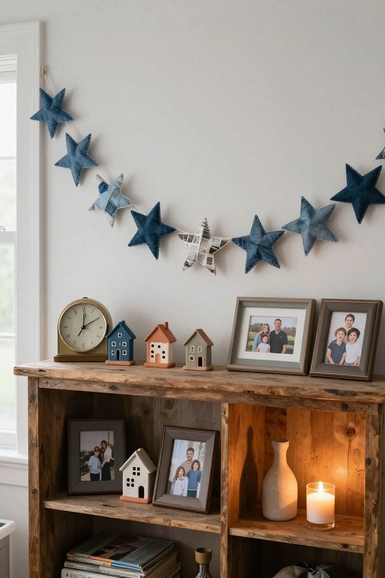 Beige wall in a room with a garland of blue denim star ornaments hanging above wooden shelves that hold family photos in frames, small ceramic houses, a clock, books, a vase, and a lit candle.