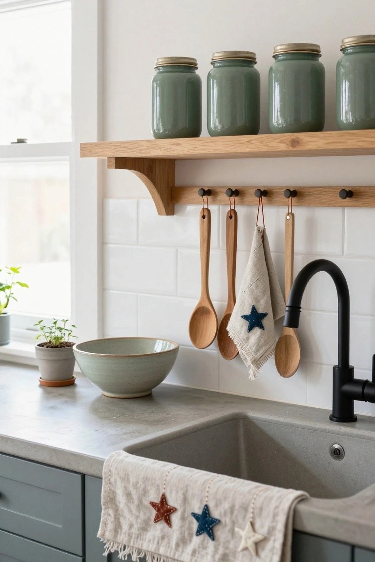 Kitchen counter and sink area featuring a white linen tea towel with embroidered and applique star details draped over the edge, wooden spoons and utensils hanging from oak hooks on a shelf above, green ceramic jars on wooden shelving, and a gray composite sink with black faucet.