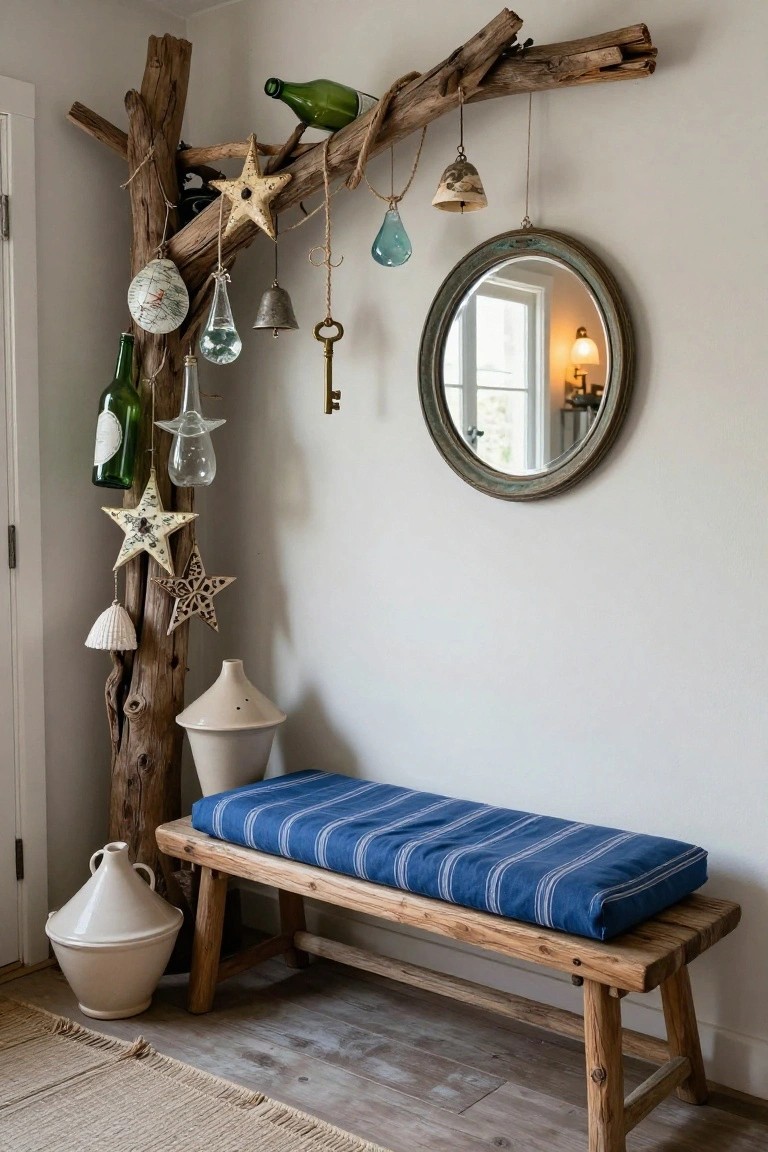 Indoor entryway with wall-mounted driftwood branch holding hanging green glass bottles, clear glass ornaments, stars, bells, and keys, next to a round mirror, wooden bench with blue cushion, and ceramic pots on wooden floor.