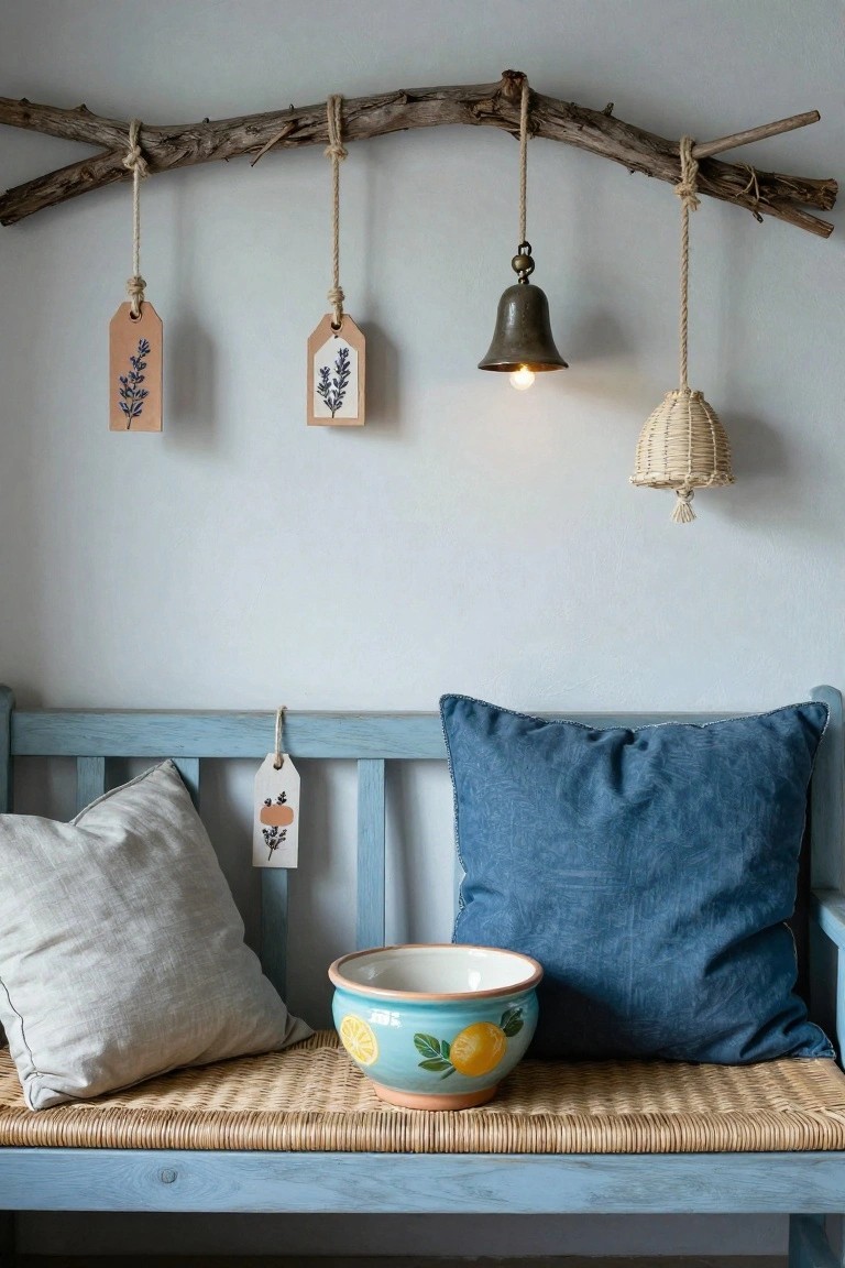 Light gray wall with horizontal driftwood branch hung by ropes, suspending two printed tags, brass bell lamp, and woven basket lamp; blue wooden bench below with pillows, woven seat cushion, and turquoise bowl with lemon motif.
