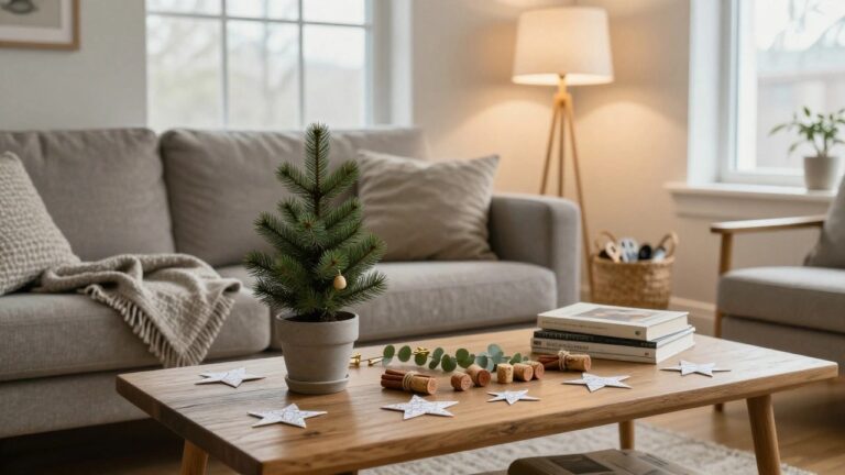 Wooden coffee table in a living room with gray sofa displays a Christmas wreath of fir branches, wine corks, eucalyptus, cinnamon sticks, and paper stars, next to a wicker basket and books.