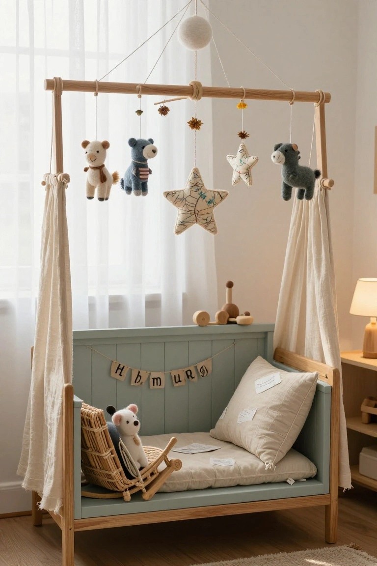 Nursery corner with mint green wooden bed under white fabric canopy, wooden mobile frame holding felt animals including bears and llamas, star shapes, wooden toys on shelf, and soft lamp light.