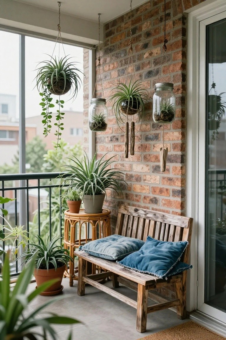 Balcony corner with wooden bench piled with blue cushions, multiple potted plants and hanging planters including succulents in clear glass jars suspended by ropes against brick wall and glass door.