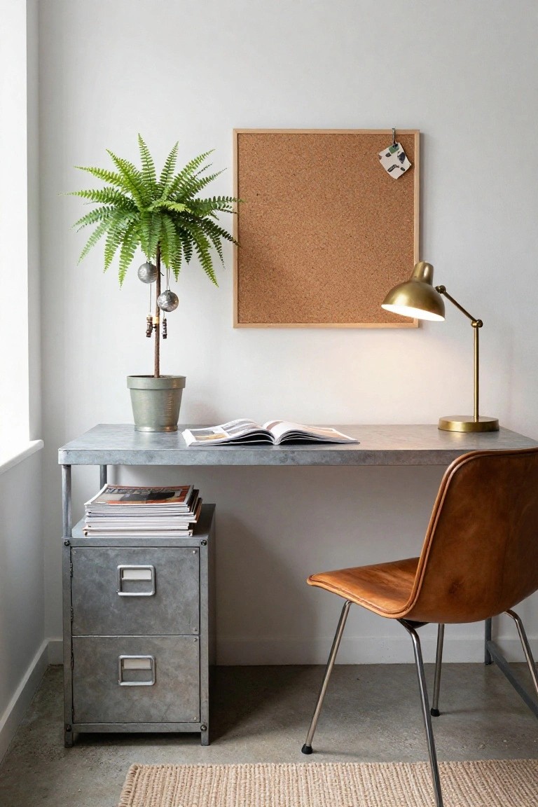 Interior view of a gray metal desk with stacked magazines, an open book, a potted fern plant decorated with hanging silver Christmas ornaments and beads, a corkboard on the wall, gold desk lamp, and tan leather chair.