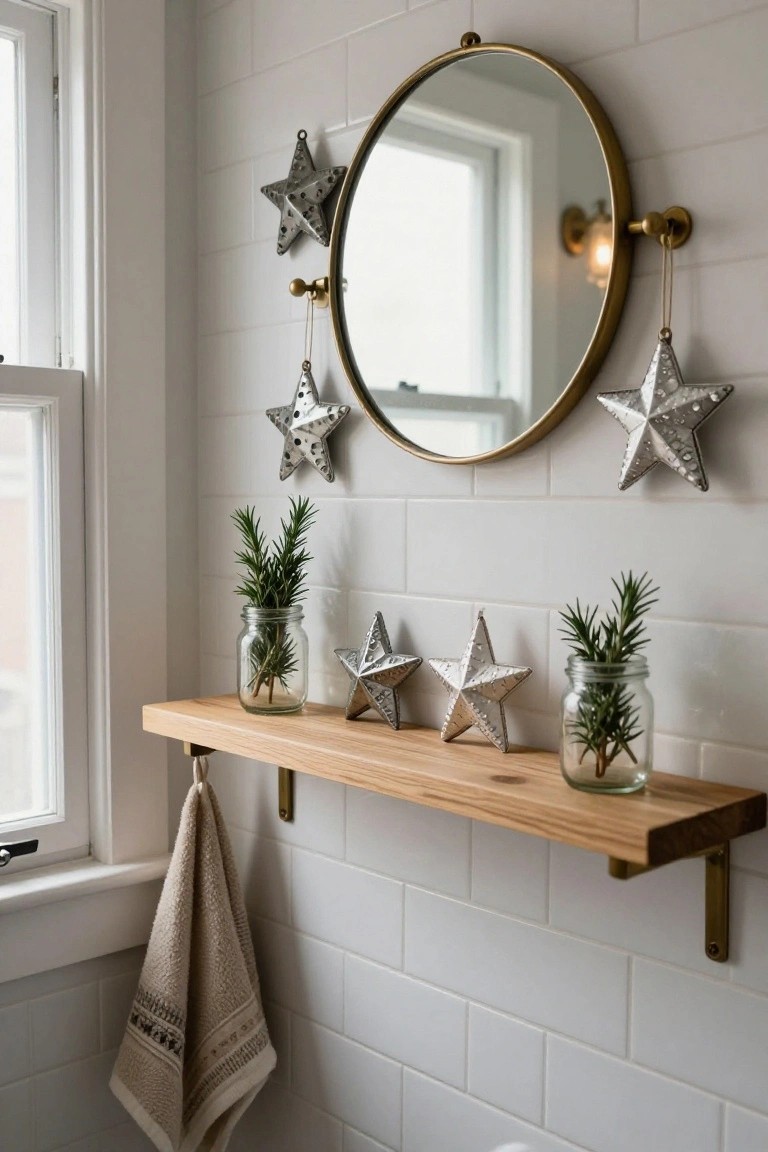 White subway tile bathroom wall with round brass mirror, wooden floating shelf holding mason jars of rosemary sprigs and metallic star ornaments, hanging beige towel, and window.