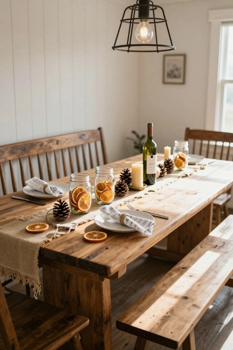 Rustic wooden dining table with burlap runner, jars of dried orange slices, pinecones, candles, wine bottle, and place settings in a white shiplap-walled room with benches and chairs.