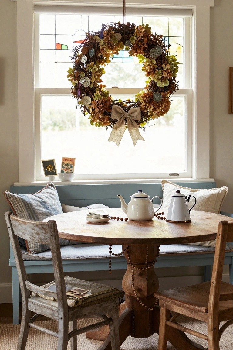 Kitchen nook with blue bench seating around a wooden pedestal table holding teapots and beads, pillows on seats, and a large grapevine wreath with dried flowers and coins hanging in a stained-glass window.