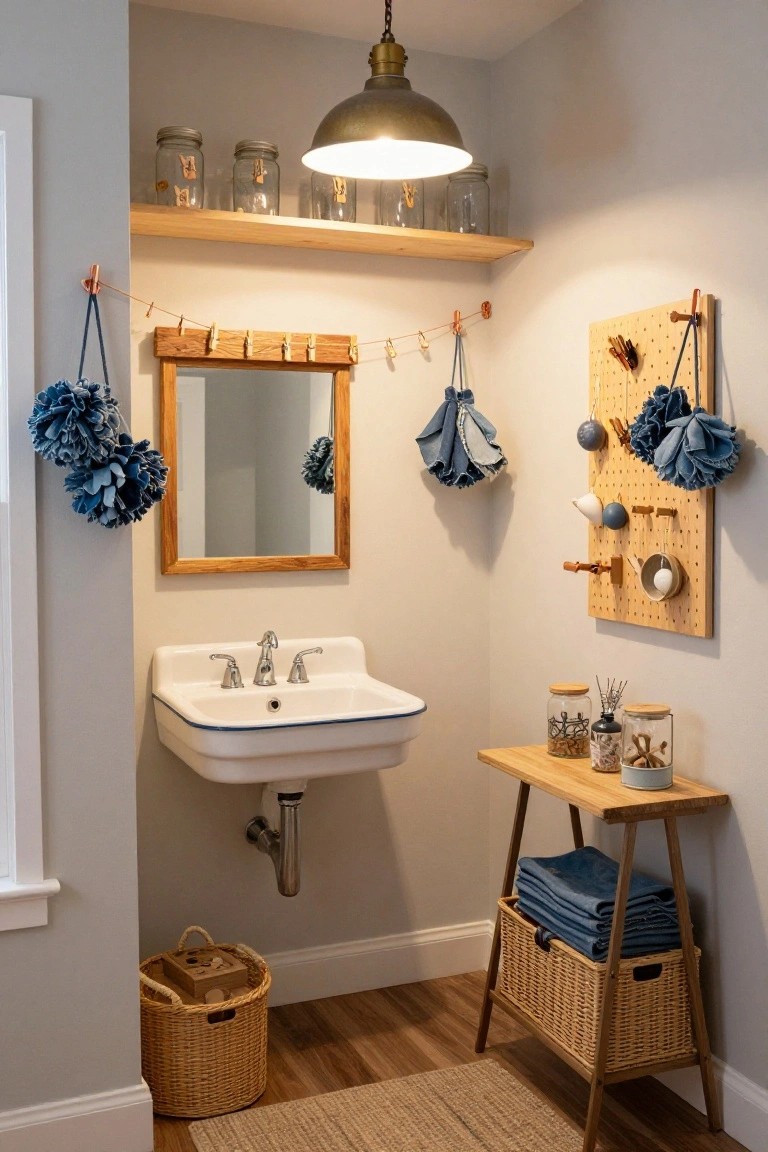 Small gray bathroom corner with white sink, wooden mirror flanked by blue tissue paper pom-poms, pegboard wall with hanging denim fabric scraps, blue balls, hooks, and wooden shelves holding jars.
