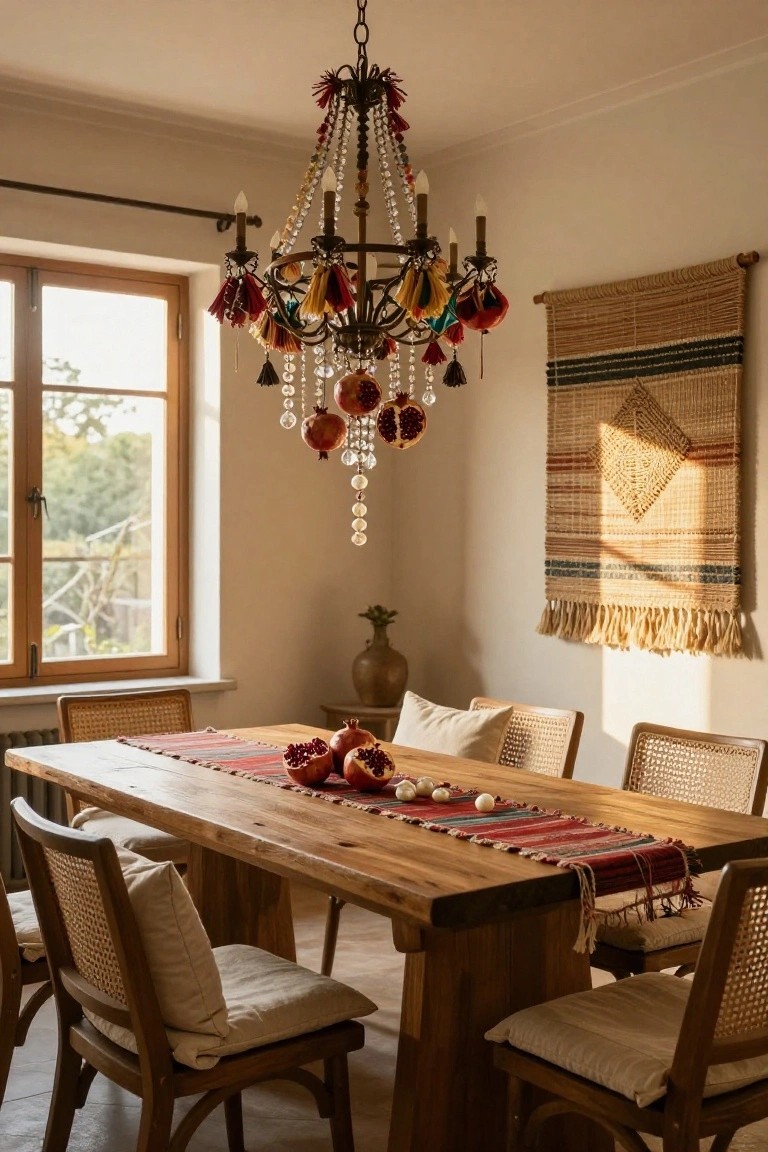 Dining room with a long wooden table covered by a colorful woven runner holding pomegranates and white orbs, rattan chairs with cushions, a terracotta pot, woven wall hanging, and chandelier with hanging pomegranates, tassels, beads, and candles next to a window.