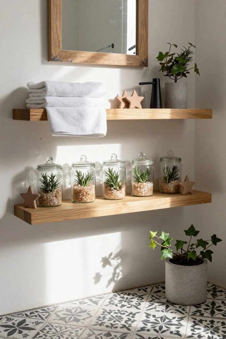 Bathroom corner featuring oak floating shelves with stacked white towels on top, glass jars containing rosemary plants in pebbles and wooden star ornaments below, a potted ivy on the floor, black soap dispenser, and wooden-framed mirror on white wall above tiled floor.