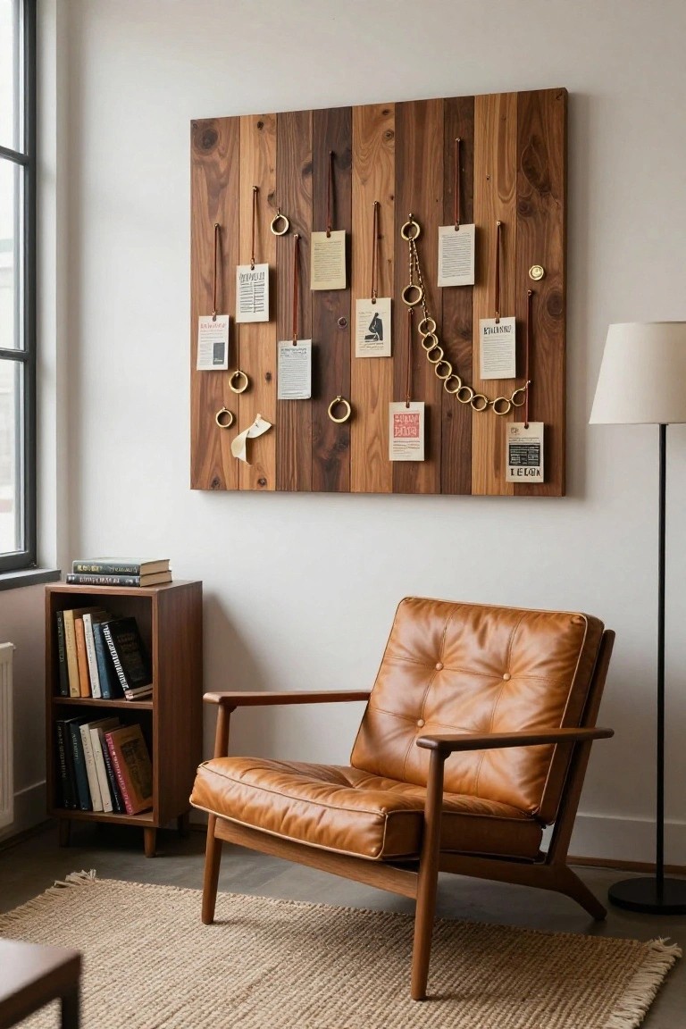 A rectangular vertical panel of walnut wood slats mounted on a white wall, with paper tags, labels, and brass chains hanging from leather straps and rings, next to a tan leather armchair, wood bookcase, floor lamp, and seagrass rug in a modern interior.